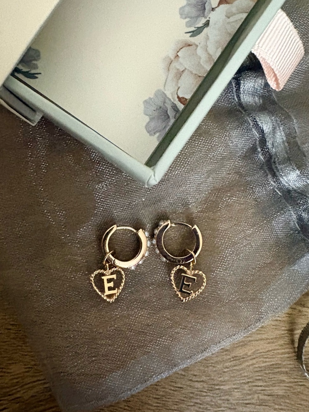 Rose Gold “E” Heart Huggie Earrings with Pearls - Brand